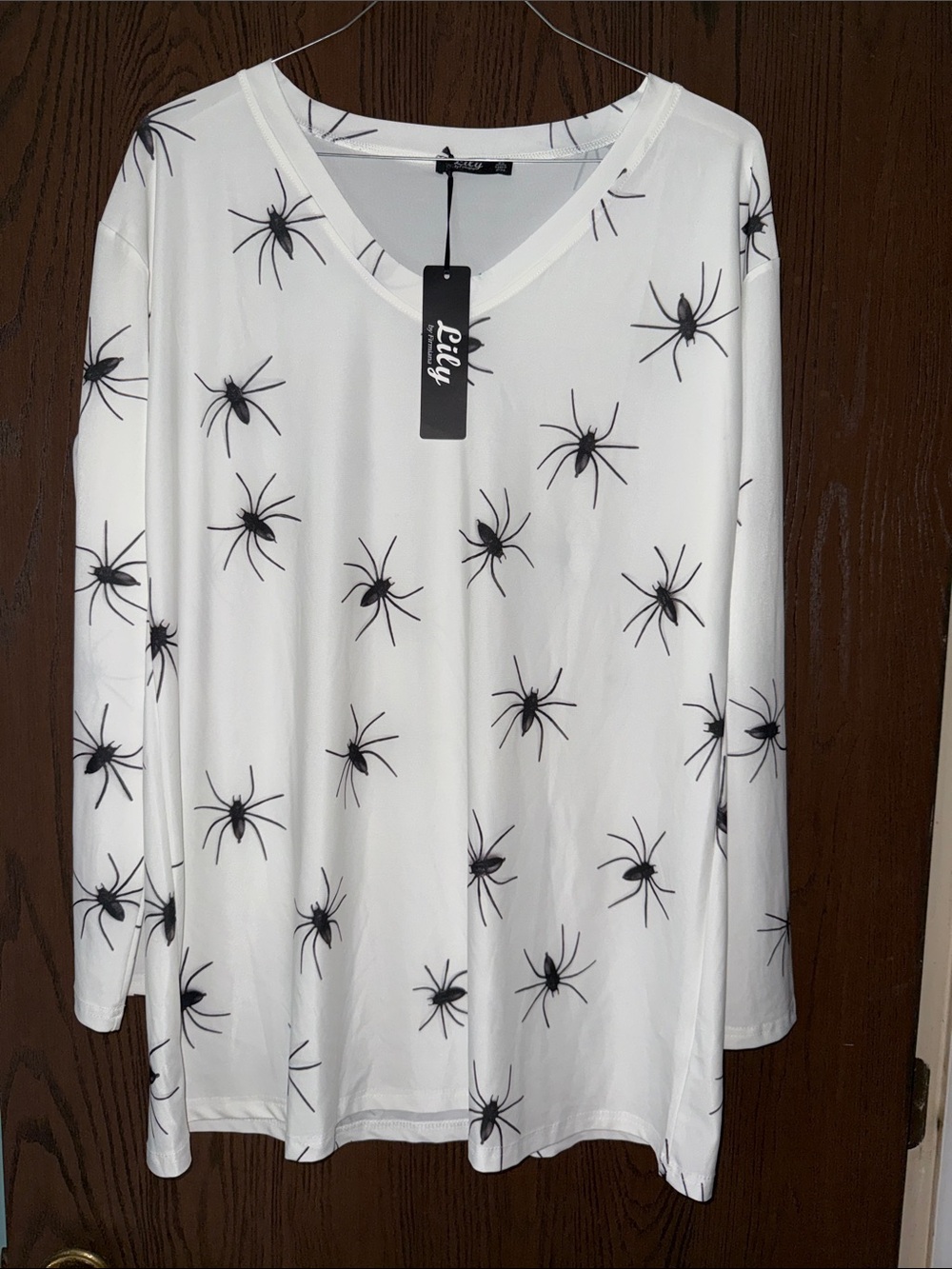 Lily White Long Sleeve V-Neck Top with Black Spider Motif